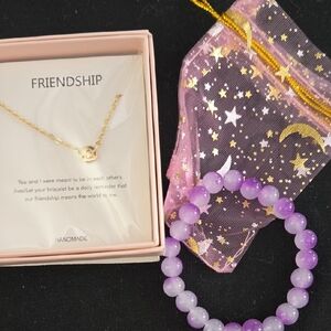 Gold Friendship Necklace and Purple Beaded Bracelet Set